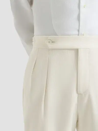 Brunello Cucinelli Men's Cotton Narrow Wale Corduroy Tuxedo Trousers with Double Pleats - Milk | Thumbnail 5 Brunello Cucinelli Men's Cotton Narrow Wale Corduroy Tuxedo Trousers with Double Pleats - Milk | Thumbnail 5