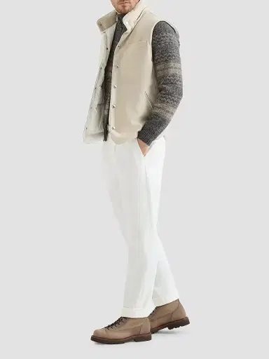 Brunello Cucinelli Men's Bonded Wool Flannel Down Vest with Detachable Hood - Sand | Thumbnail 2 Brunello Cucinelli Men's Bonded Wool Flannel Down Vest with Detachable Hood - Sand | Thumbnail 2