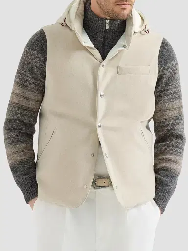 Brunello Cucinelli Men's Bonded Wool Flannel Down Vest with Detachable Hood - Sand | Thumbnail 3 Brunello Cucinelli Men's Bonded Wool Flannel Down Vest with Detachable Hood - Sand | Thumbnail 3