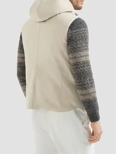 Brunello Cucinelli Men's Bonded Wool Flannel Down Vest with Detachable Hood - Sand | Thumbnail 4 Brunello Cucinelli Men's Bonded Wool Flannel Down Vest with Detachable Hood - Sand | Thumbnail 4