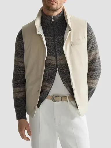 Brunello Cucinelli Men's Bonded Wool Flannel Down Vest with Detachable Hood - Sand | Thumbnail 5 Brunello Cucinelli Men's Bonded Wool Flannel Down Vest with Detachable Hood - Sand | Thumbnail 5