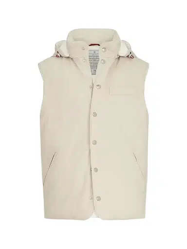 Brunello Cucinelli Men's Bonded Wool Flannel Down Vest with Detachable Hood - Sand | Thumbnail 1 Brunello Cucinelli Men's Bonded Wool Flannel Down Vest with Detachable Hood - Sand | Thumbnail 1