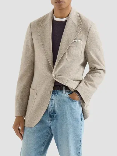 Brunello Cucinelli Men's Cashmere Panama Deconstructed Blazer with Patch Pockets - Sand | Thumbnail 2 Brunello Cucinelli Men's Cashmere Panama Deconstructed Blazer with Patch Pockets - Sand | Thumbnail 2