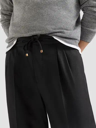 Brunello Cucinelli Men's Virgin Wool Flannel Trousers with Drawstring and Double Pleats - Black - Size 46 | Thumbnail 4 Brunello Cucinelli Men's Virgin Wool Flannel Trousers with Drawstring and Double Pleats - Black - Size 46 | Thumbnail 4