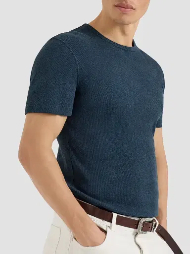 Brunello Cucinelli Men's Denim-Effect Ribbed Cotton Jersey Crew-Neck T-Shirt - Navy Blue | Thumbnail 4 Brunello Cucinelli Men's Denim-Effect Ribbed Cotton Jersey Crew-Neck T-Shirt - Navy Blue | Thumbnail 4