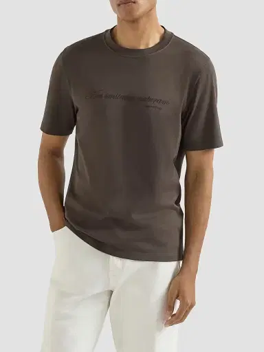 Brunello Cucinelli Men's Cotton Jersey Crew-Neck T-Shirt with Embroidery - Brown | Thumbnail 2 Brunello Cucinelli Men's Cotton Jersey Crew-Neck T-Shirt with Embroidery - Brown | Thumbnail 2
