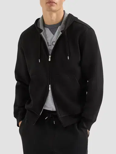 Brunello Cucinelli Men's Cotton, Cashmere and Silk French Terry Double Cloth Hooded Sweatshirt - Black | Thumbnail 3 Brunello Cucinelli Men's Cotton, Cashmere and Silk French Terry Double Cloth Hooded Sweatshirt - Black | Thumbnail 3