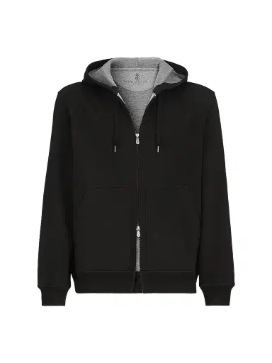 Brunello Cucinelli Men's Cotton, Cashmere and Silk French Terry Double Cloth Hooded Sweatshirt - Black | Thumbnail 1 Brunello Cucinelli Men's Cotton, Cashmere and Silk French Terry Double Cloth Hooded Sweatshirt - Black | Thumbnail 1