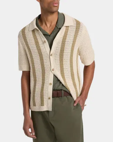 Vince Men's Cotton Stripe Crochet Short-Sleeve Shirt | Thumbnail 3 Vince Men's Cotton Stripe Crochet Short-Sleeve Shirt | Thumbnail 3