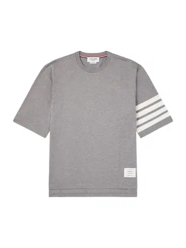 Thom Browne Logo-Appliquéd Striped Cotton-Jersey T-Shirt - Men | Thumbnail 1 Thom Browne Logo-Appliquéd Striped Cotton-Jersey T-Shirt - Men | Thumbnail 1