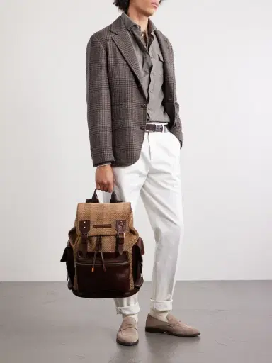Brunello Cucinelli Leather-Trimmed Herringbone Canvas Backpack - Men | Thumbnail 2 Brunello Cucinelli Leather-Trimmed Herringbone Canvas Backpack - Men | Thumbnail 2