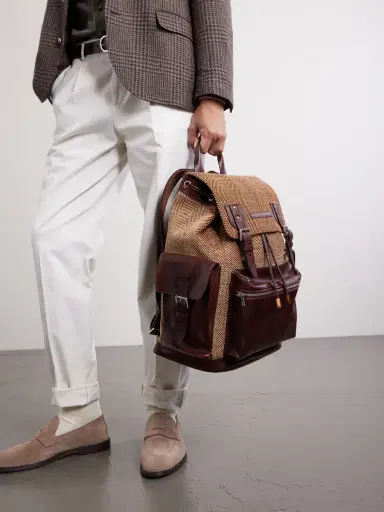 Brunello Cucinelli Leather-Trimmed Herringbone Canvas Backpack - Men | Thumbnail 3 Brunello Cucinelli Leather-Trimmed Herringbone Canvas Backpack - Men | Thumbnail 3