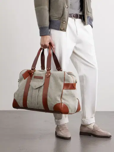 Brunello Cucinelli Leather-Trimmed Flannel Weekend Bag - Men | Thumbnail 3 Brunello Cucinelli Leather-Trimmed Flannel Weekend Bag - Men | Thumbnail 3