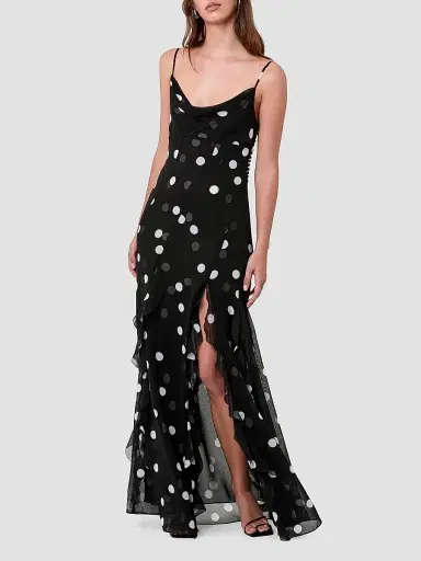 NICHOLAS Women's Kamila Ruffled Polka Dot Georgette Gown - Scattered Dot Black | Thumbnail 3 NICHOLAS Women's Kamila Ruffled Polka Dot Georgette Gown - Scattered Dot Black | Thumbnail 3