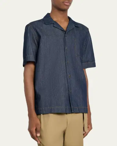 Dries Van Noten Men's Dark Blue Denim Short-Sleeve Shirt | Thumbnail 4 Dries Van Noten Men's Dark Blue Denim Short-Sleeve Shirt | Thumbnail 4