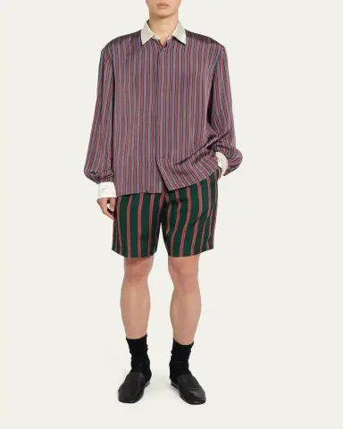 Dries Van Noten Men's Striped Viscose-Silk Drawstring Shorts | Thumbnail 2 Dries Van Noten Men's Striped Viscose-Silk Drawstring Shorts | Thumbnail 2