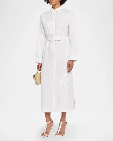 Libertine White On White Hand Silk Screen Belted Linen Shirtdress | Thumbnail 3 Libertine White On White Hand Silk Screen Belted Linen Shirtdress | Thumbnail 3