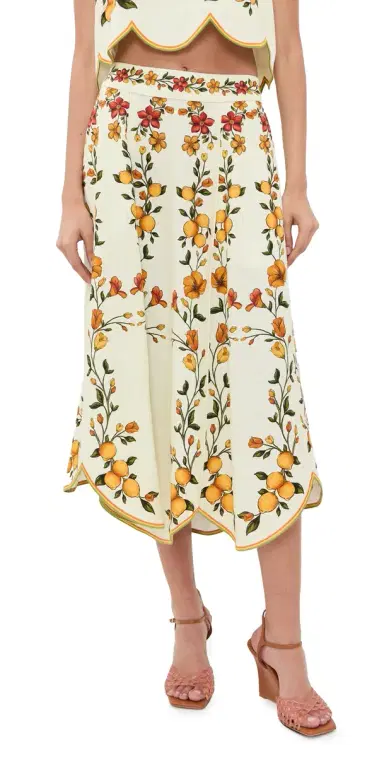 FARM Rio Scalloped Midi Skirt Lemon Bouquet Off-White | Thumbnail 1 FARM Rio Scalloped Midi Skirt Lemon Bouquet Off-White | Thumbnail 1
