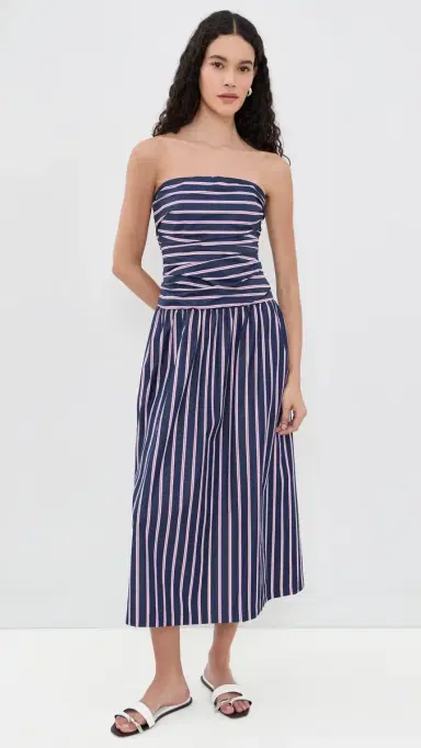 Madewell Strapless Ruched Midi Dress Classic Indigo Multi Stripe | Thumbnail 2 Madewell Strapless Ruched Midi Dress Classic Indigo Multi Stripe | Thumbnail 2