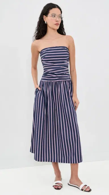 Madewell Strapless Ruched Midi Dress Classic Indigo Multi Stripe | Thumbnail 5 Madewell Strapless Ruched Midi Dress Classic Indigo Multi Stripe | Thumbnail 5