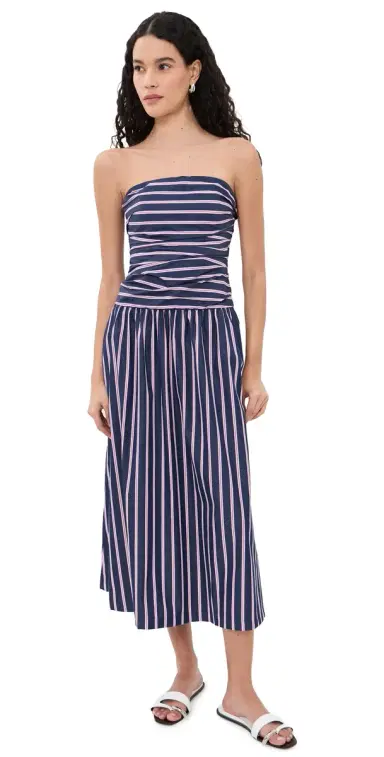 Madewell Strapless Ruched Midi Dress Classic Indigo Multi Stripe | Thumbnail 1 Madewell Strapless Ruched Midi Dress Classic Indigo Multi Stripe | Thumbnail 1