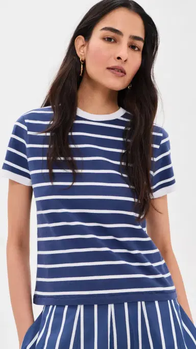 Madewell The Perfect Crewneck Baby Tee in Allday Jersey Matte tripe Cool Navy | Thumbnail 2 Madewell The Perfect Crewneck Baby Tee in Allday Jersey Matte tripe Cool Navy | Thumbnail 2