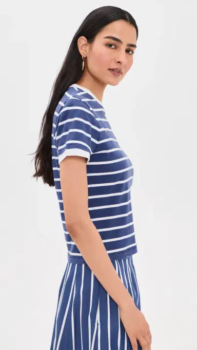 Madewell The Perfect Crewneck Baby Tee in Allday Jersey Matte tripe Cool Navy | Thumbnail 4 Madewell The Perfect Crewneck Baby Tee in Allday Jersey Matte tripe Cool Navy | Thumbnail 4