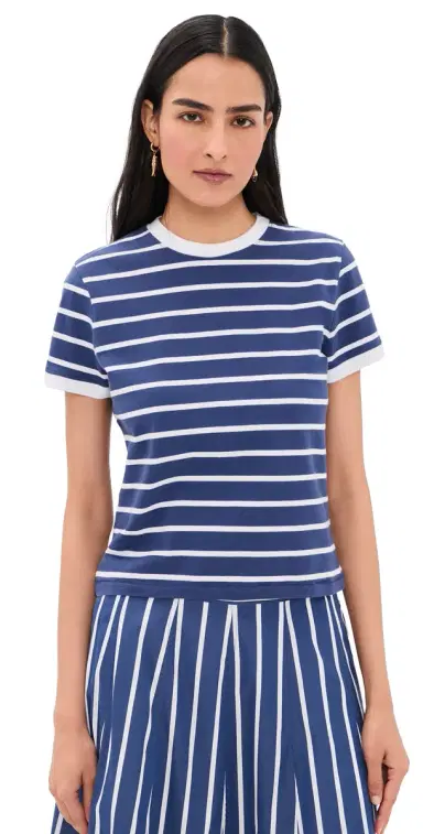 Madewell The Perfect Crewneck Baby Tee in Allday Jersey Matte tripe Cool Navy | Thumbnail 1 Madewell The Perfect Crewneck Baby Tee in Allday Jersey Matte tripe Cool Navy | Thumbnail 1