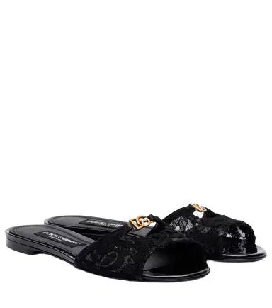 Dolce & Gabbana DG leather-trimmed lace slides | Thumbnail 1 Dolce & Gabbana DG leather-trimmed lace slides | Thumbnail 1