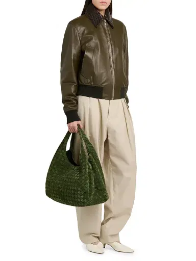 Bottega Veneta Women's Large Campana Intrecciato Suede Shoulder Bag - Green Tweed Brass | Thumbnail 2 Bottega Veneta Women's Large Campana Intrecciato Suede Shoulder Bag - Green Tweed Brass | Thumbnail 2
