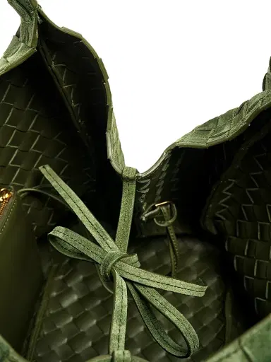 Bottega Veneta Women's Large Campana Intrecciato Suede Shoulder Bag - Green Tweed Brass | Thumbnail 5 Bottega Veneta Women's Large Campana Intrecciato Suede Shoulder Bag - Green Tweed Brass | Thumbnail 5