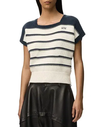 LOEWE Women's Striped Cotton-Blend Short-Sleeve Sweater - White Navy Blue | Thumbnail 3 LOEWE Women's Striped Cotton-Blend Short-Sleeve Sweater - White Navy Blue | Thumbnail 3