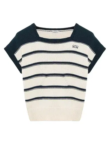 LOEWE Women's Striped Cotton-Blend Short-Sleeve Sweater - White Navy Blue | Thumbnail 1 LOEWE Women's Striped Cotton-Blend Short-Sleeve Sweater - White Navy Blue | Thumbnail 1