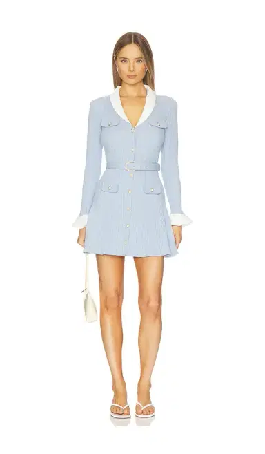 self-portrait Blue Ribbed Knit Mini Dress | Thumbnail 1 self-portrait Blue Ribbed Knit Mini Dress | Thumbnail 1