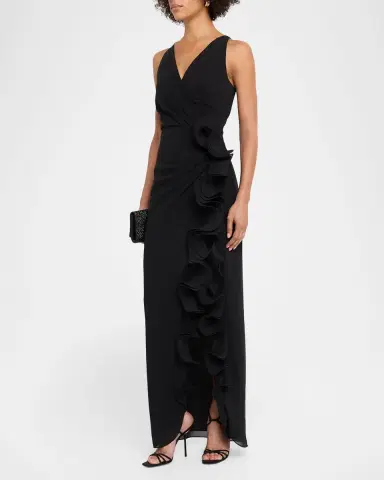 Badgley Mischka Ruffle-Trim Georgette Column Gown | Thumbnail 3 Badgley Mischka Ruffle-Trim Georgette Column Gown | Thumbnail 3