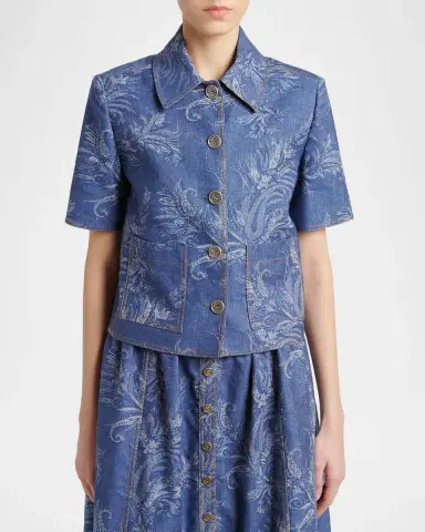 Etro Paisley Denim Jacquard Short-Sleeve Shirt | Thumbnail 3 Etro Paisley Denim Jacquard Short-Sleeve Shirt | Thumbnail 3