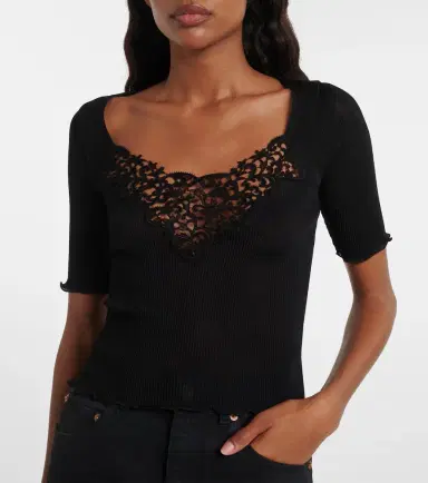 Saint Laurent Lace-trimmed ribbed-knit silk top | Thumbnail 4 Saint Laurent Lace-trimmed ribbed-knit silk top | Thumbnail 4