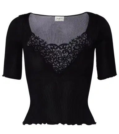 Saint Laurent Lace-trimmed ribbed-knit silk top | Thumbnail 1 Saint Laurent Lace-trimmed ribbed-knit silk top | Thumbnail 1
