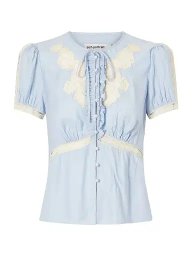 Self-Portrait Ruffled Lace-trimmed Satin Blouse | Thumbnail 1 Self-Portrait Ruffled Lace-trimmed Satin Blouse | Thumbnail 1