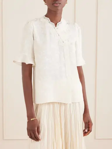 MAISON MAYLE Margarita Mesh And Crochet-trimmed Floral-jacquard Silk-crepe Blouse | Thumbnail 3 MAISON MAYLE Margarita Mesh And Crochet-trimmed Floral-jacquard Silk-crepe Blouse | Thumbnail 3