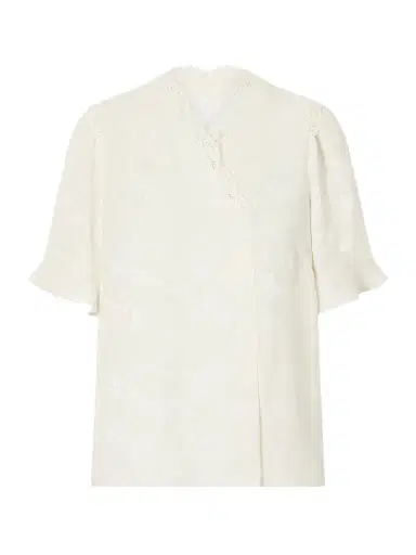 MAISON MAYLE Margarita Mesh And Crochet-trimmed Floral-jacquard Silk-crepe Blouse | Thumbnail 1 MAISON MAYLE Margarita Mesh And Crochet-trimmed Floral-jacquard Silk-crepe Blouse | Thumbnail 1