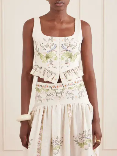 Agua by Agua Bendita Eslabon Anhelo Floral-print Button-embellished Linen Cropped Top | Thumbnail 3 Agua by Agua Bendita Eslabon Anhelo Floral-print Button-embellished Linen Cropped Top | Thumbnail 3