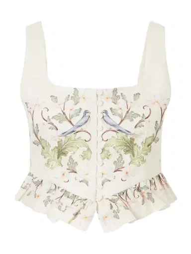 Agua by Agua Bendita Eslabon Anhelo Floral-print Button-embellished Linen Cropped Top | Thumbnail 1 Agua by Agua Bendita Eslabon Anhelo Floral-print Button-embellished Linen Cropped Top | Thumbnail 1