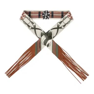 HERMÈS Hermes "Jumping Leather" Crème, Kaki and Beige Dore Fringe Silk Twilly | Thumbnail 1 HERMÈS Hermes "Jumping Leather" Crème, Kaki and Beige Dore Fringe Silk Twilly | Thumbnail 1