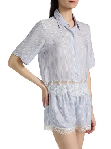 Frame Women's Striped Silk Lace Crop Shirt - Chambray Multi | Thumbnail 4 Frame Women's Striped Silk Lace Crop Shirt - Chambray Multi | Thumbnail 4