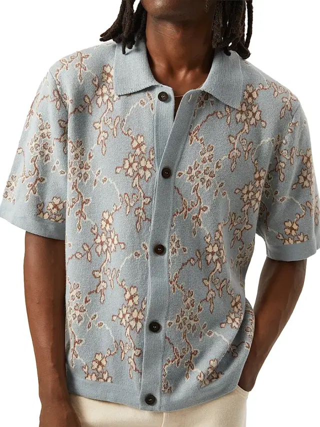 Men's Trellis Knit Cotton Shirt - Light Blue Men's Trellis Knit Cotton Shirt - Light Blue