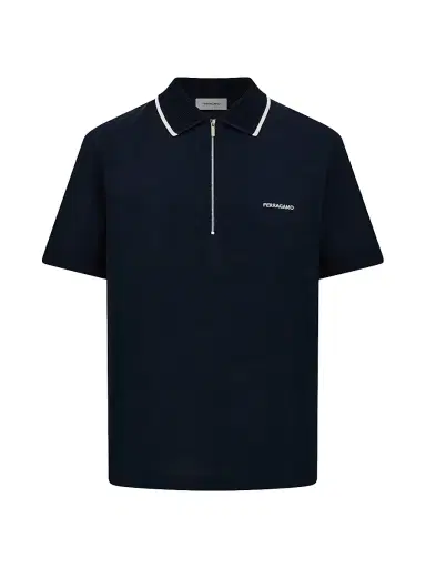 Ferragamo Men's Quarter-Zip Cotton Polo Shirt - New Navy - Size XXL | Thumbnail 1 Ferragamo Men's Quarter-Zip Cotton Polo Shirt - New Navy - Size XXL | Thumbnail 1