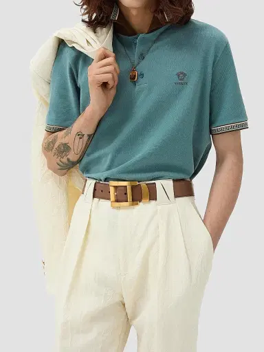 Versace Men's Greca Medusa-Embroidered Cotton Piqué Polo Shirt - Dark Sage Brown - Size XS | Thumbnail 2 Versace Men's Greca Medusa-Embroidered Cotton Piqué Polo Shirt - Dark Sage Brown - Size XS | Thumbnail 2