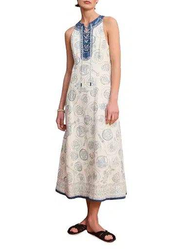 ALÉMAIS Women's Lucky Mixed-Print Linen Lace-Up Midi-Dress - | Thumbnail 2 ALÉMAIS Women's Lucky Mixed-Print Linen Lace-Up Midi-Dress - | Thumbnail 2