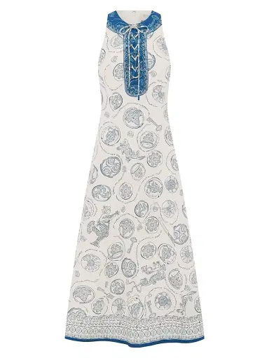 ALÉMAIS Women's Lucky Mixed-Print Linen Lace-Up Midi-Dress - | Thumbnail 1 ALÉMAIS Women's Lucky Mixed-Print Linen Lace-Up Midi-Dress - | Thumbnail 1